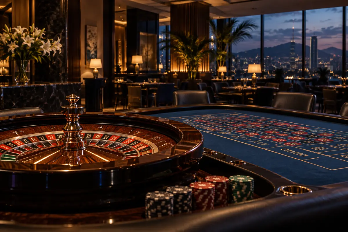 Ruleta y fichas sobre el tapete